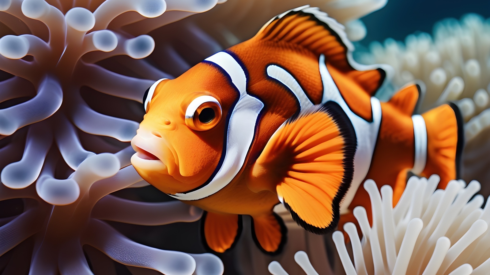 Рыбка клоун плавает в кораллах 