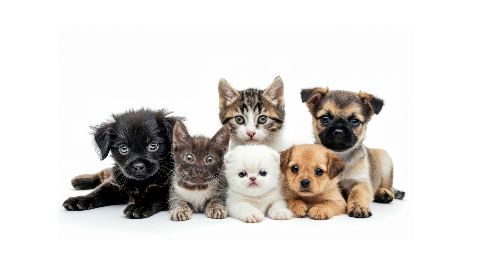 Маленькие котята и щенки на белом фоне
