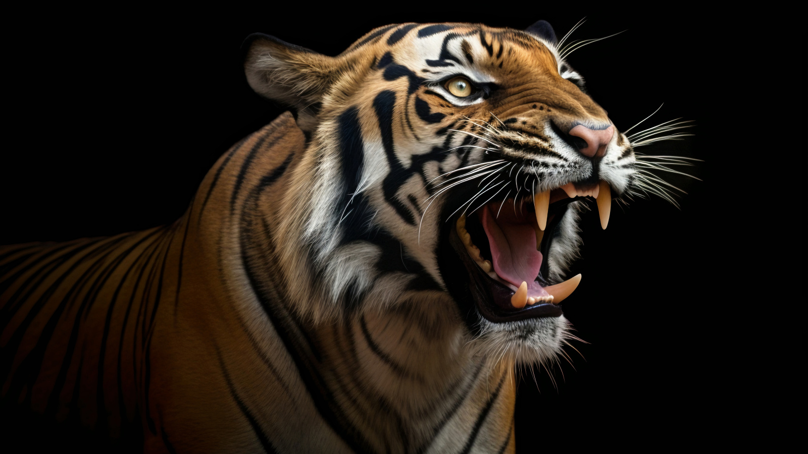 Острые клыки полосатого тигра на черном фоне