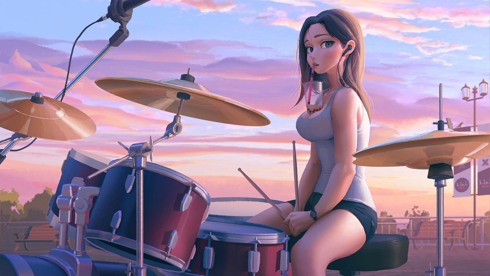 Девушка аниме за барабанной установкой