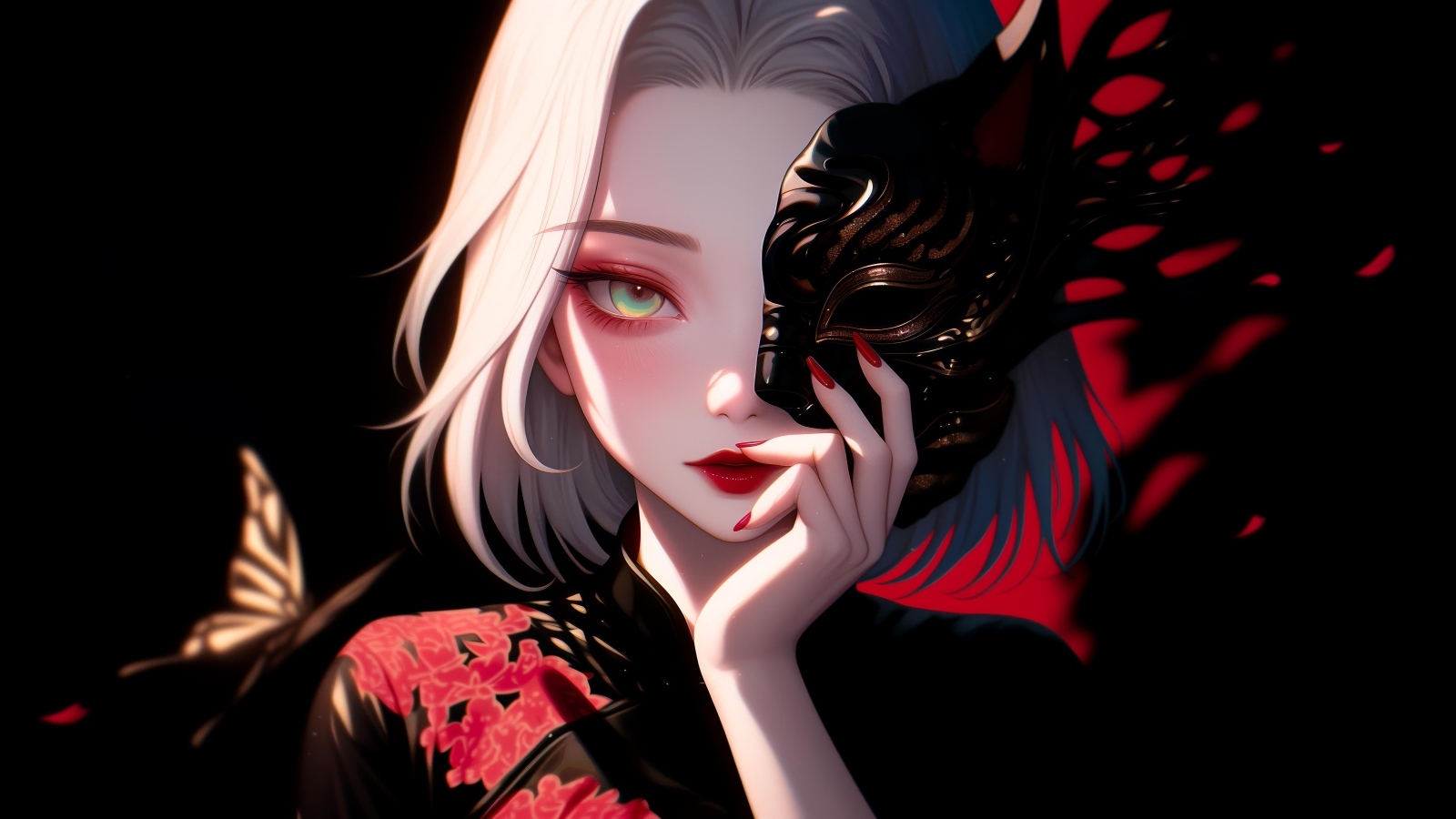 Девушка аниме в кимоно закрывает лицо маской