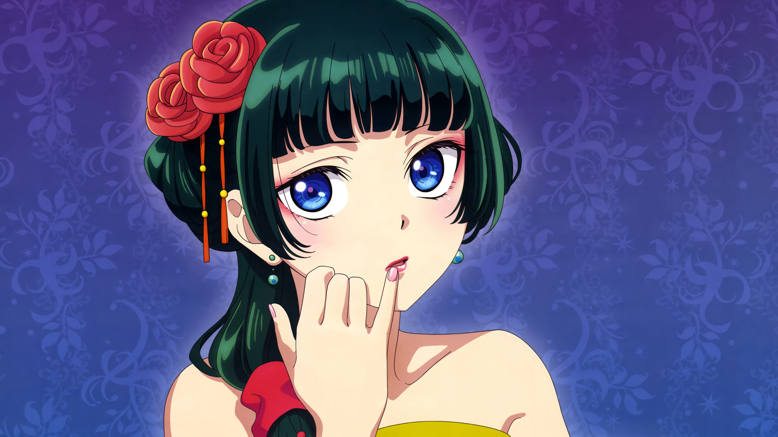 Девушка аниме с большими голубыми глазами на синем фоне