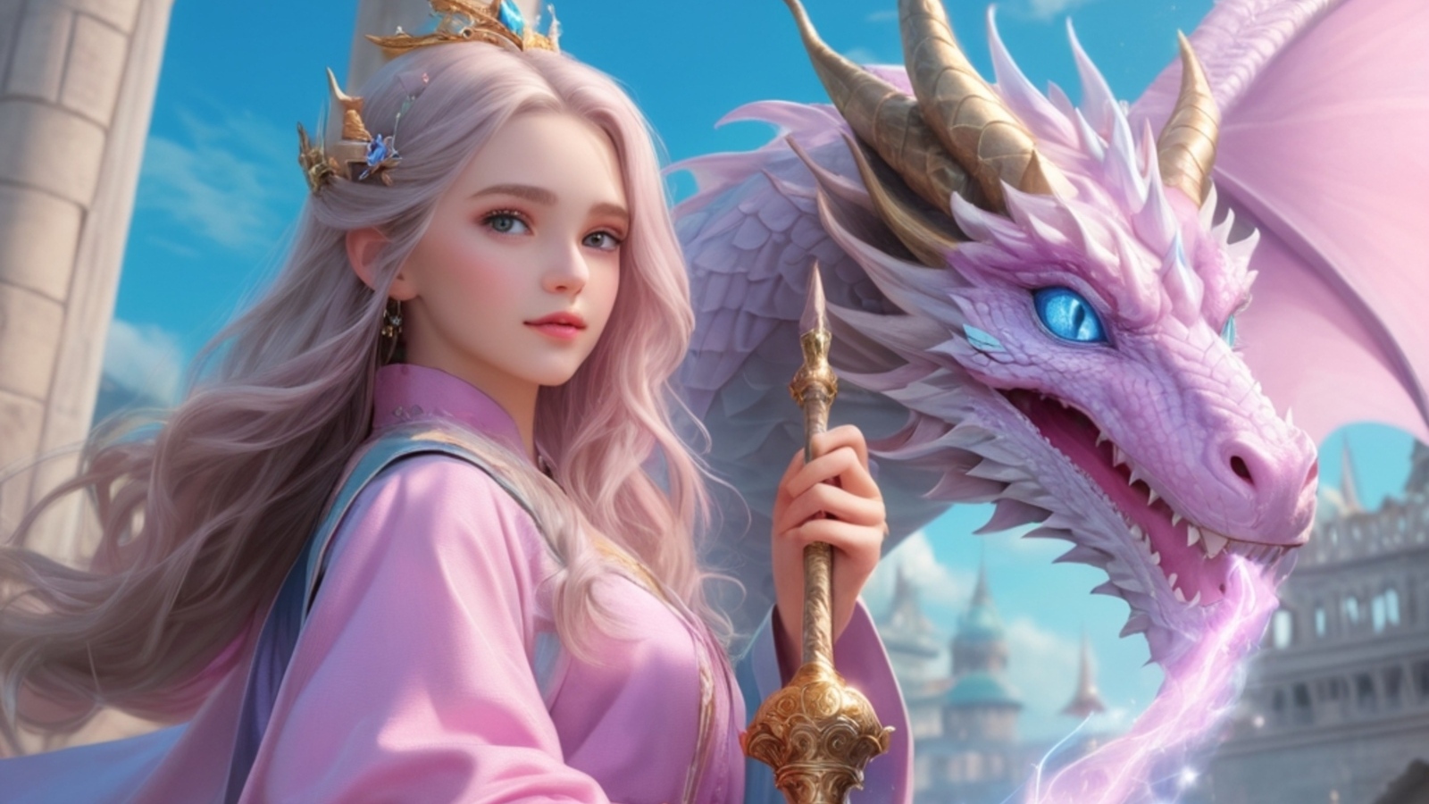 Девушка аниме с розовым драконом