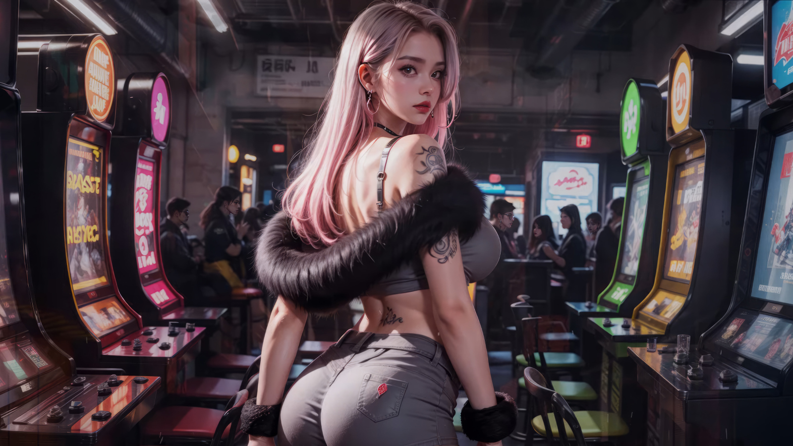 Красивая девушка аниме в зале с игровыми автоматами