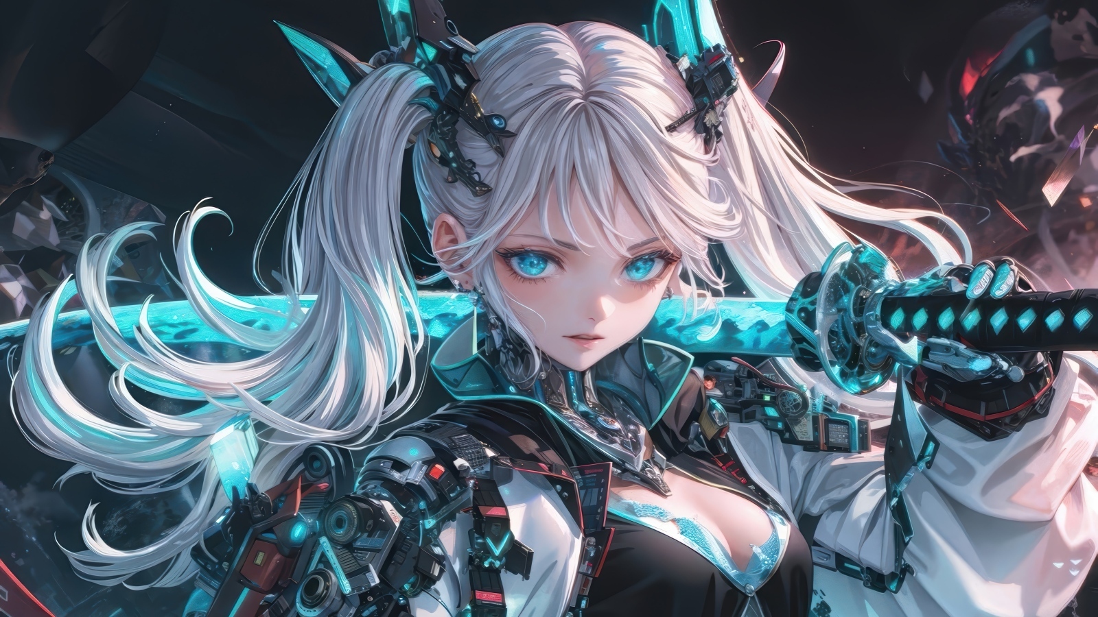 Девушка аниме блондинка с катаной на плече