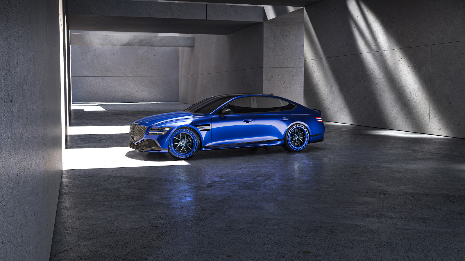 Вид сбоку на синий автомобиль  Genesis G80 EV Magma Concept 2024 года