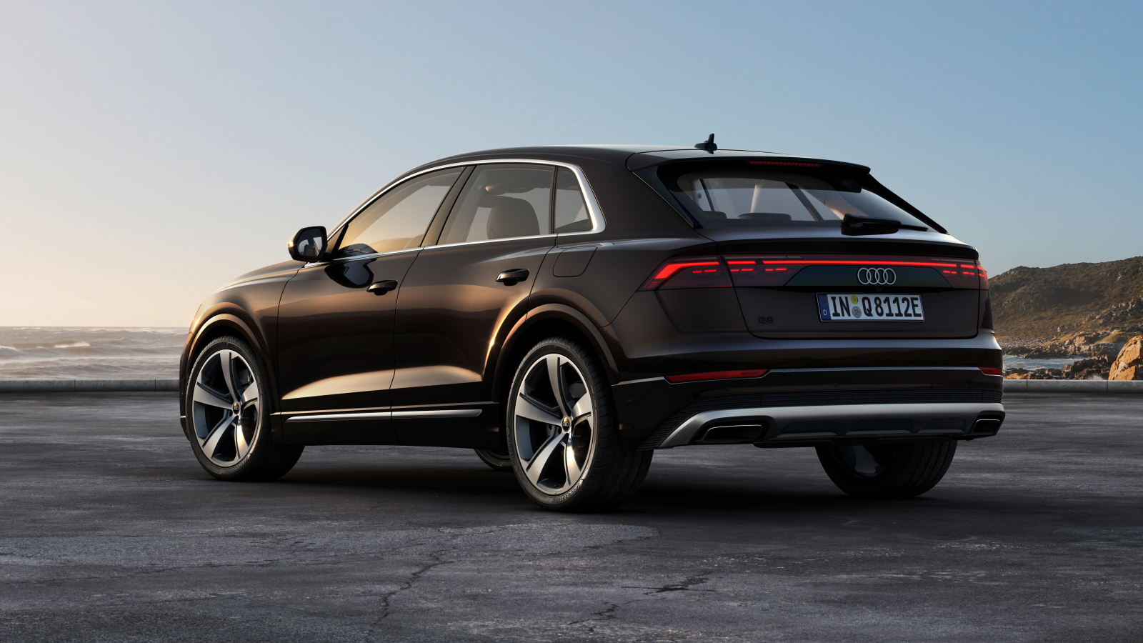 Вид сзади на черный автомобиль Audi Q8 55 TFSI E Quattro 2024 года