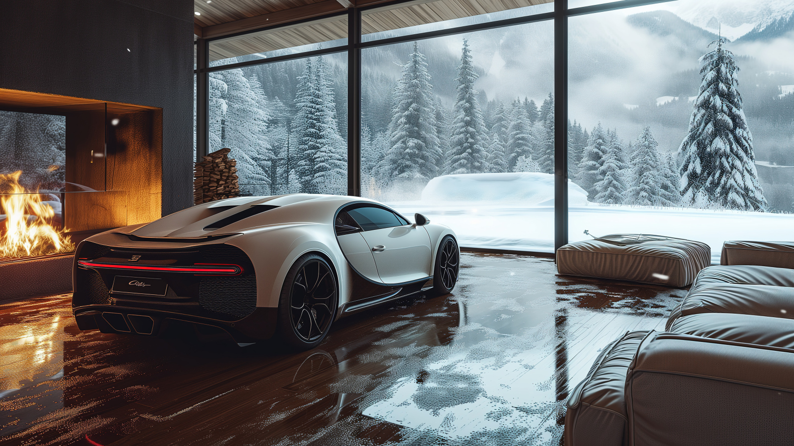 Автомобиль Bugatti Chiron Cozy в комнате зимой