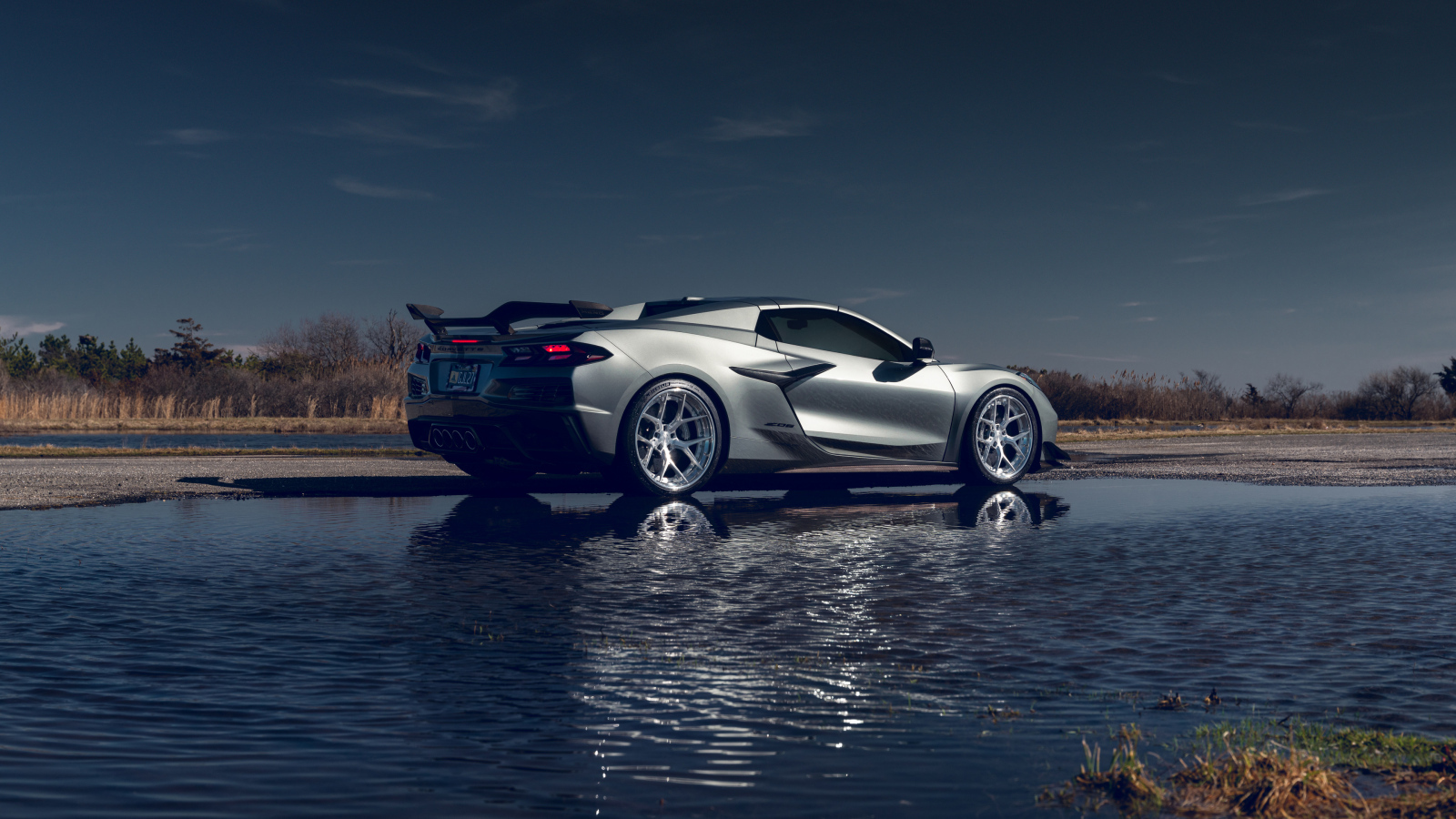 Вид сзади на автомобиль Chevy Corvette Z06 у воды