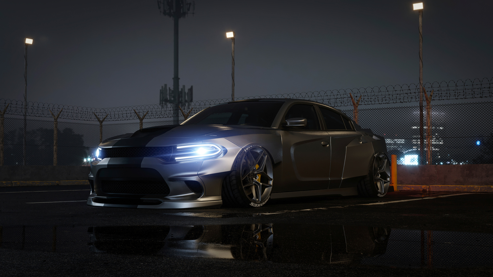 Автомобиль Dodge Charger CGI с включенными фарами