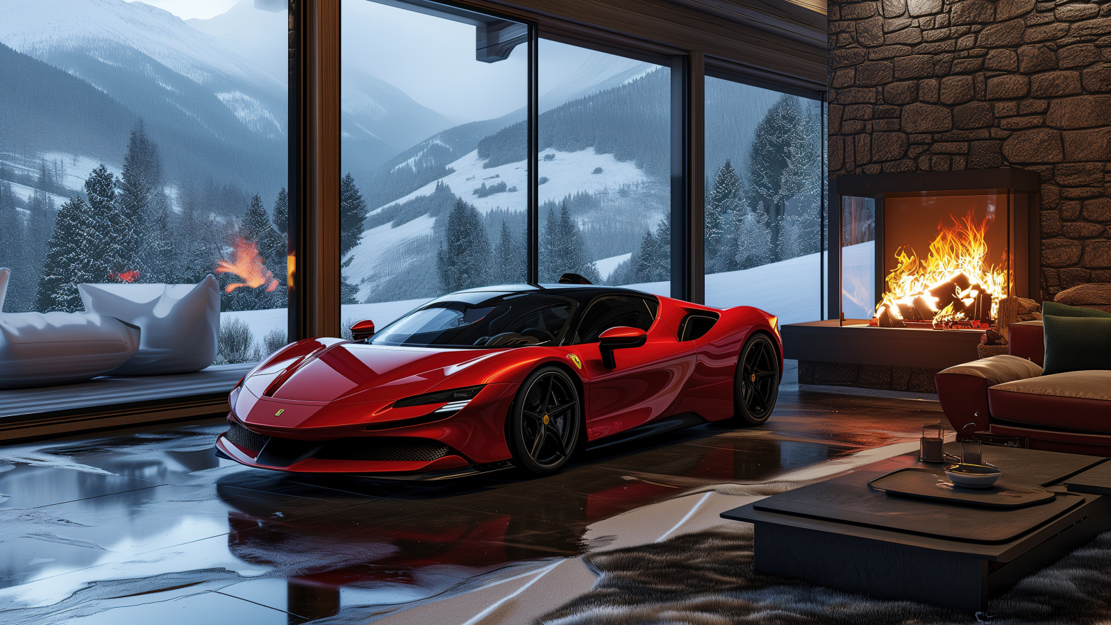 Красный автомобиль Ferrari SF90 Stradale AI в комнате с камином