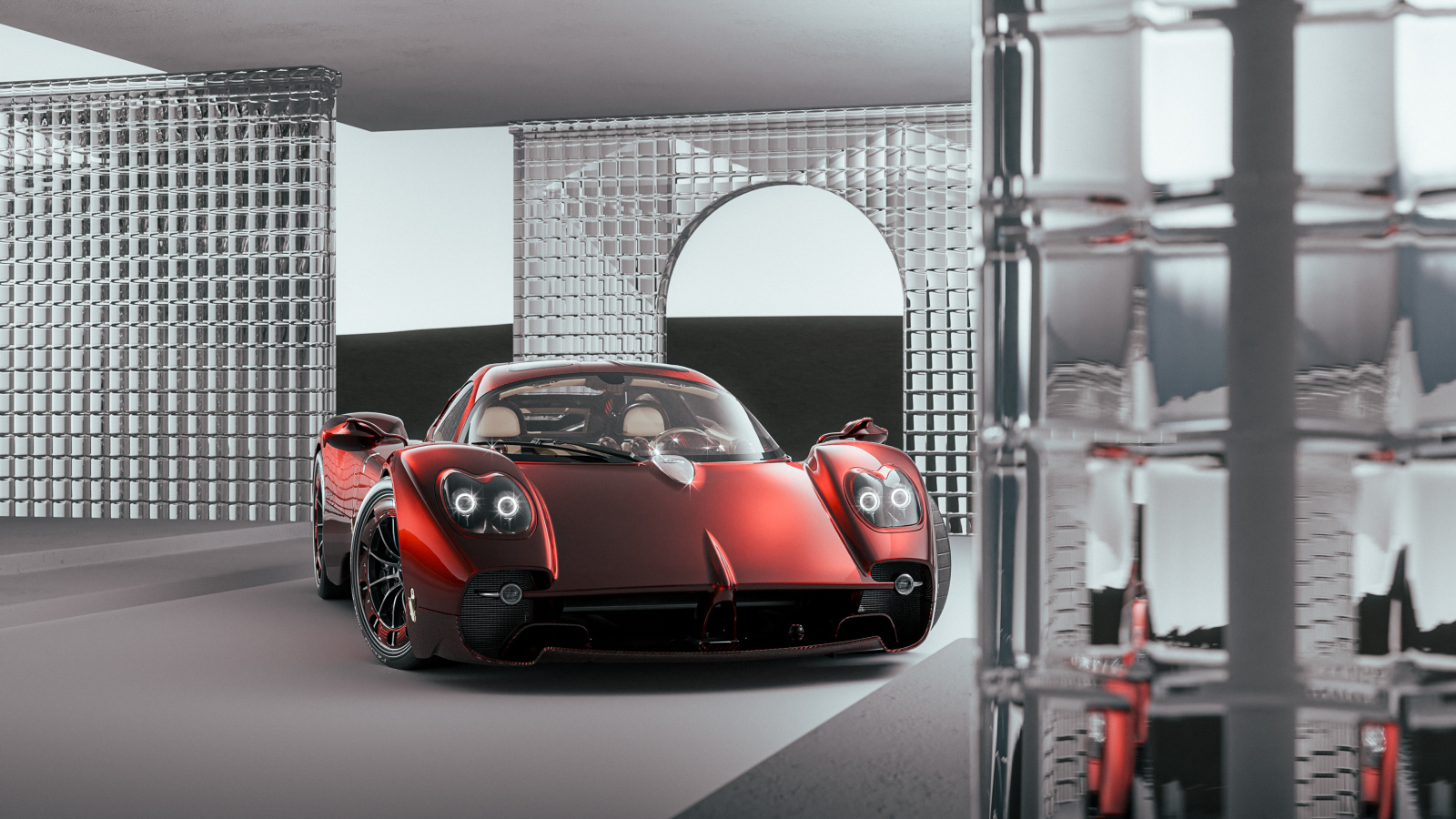 Красный автомобиль Pagani Utopia в здании
