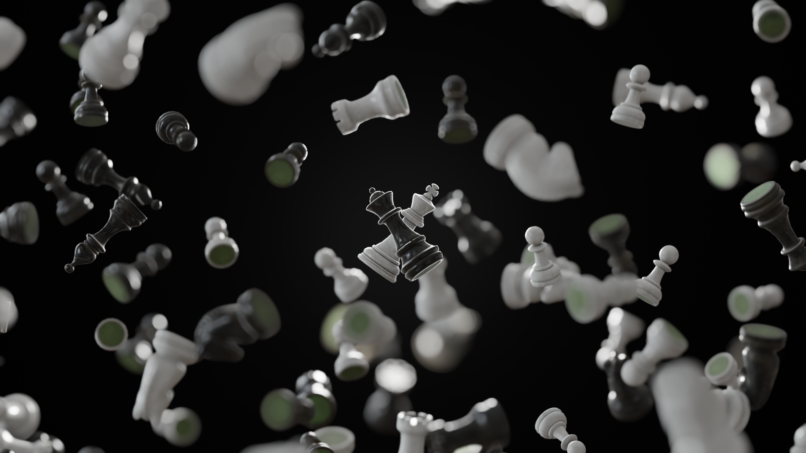 Черные и белые шахматные фигуры парят в воздухе