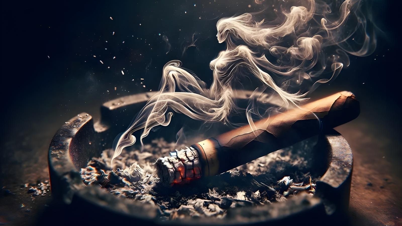 Сигара в пепельнице с дымом в форме девушки