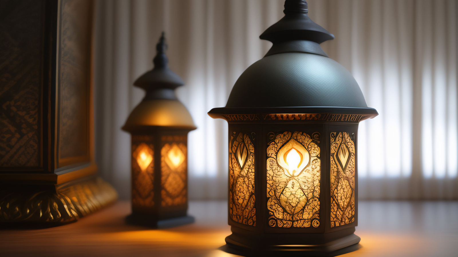 Два зажженных фонаря стоят на столе