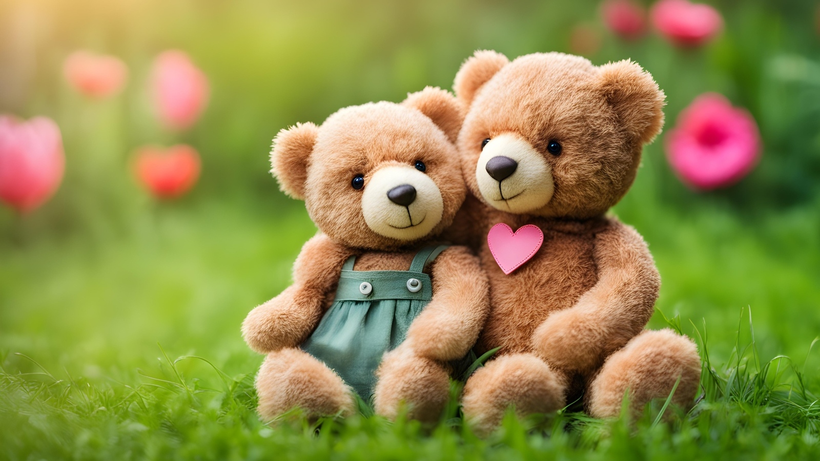 Два игрушечных медвежонка сидят на траве