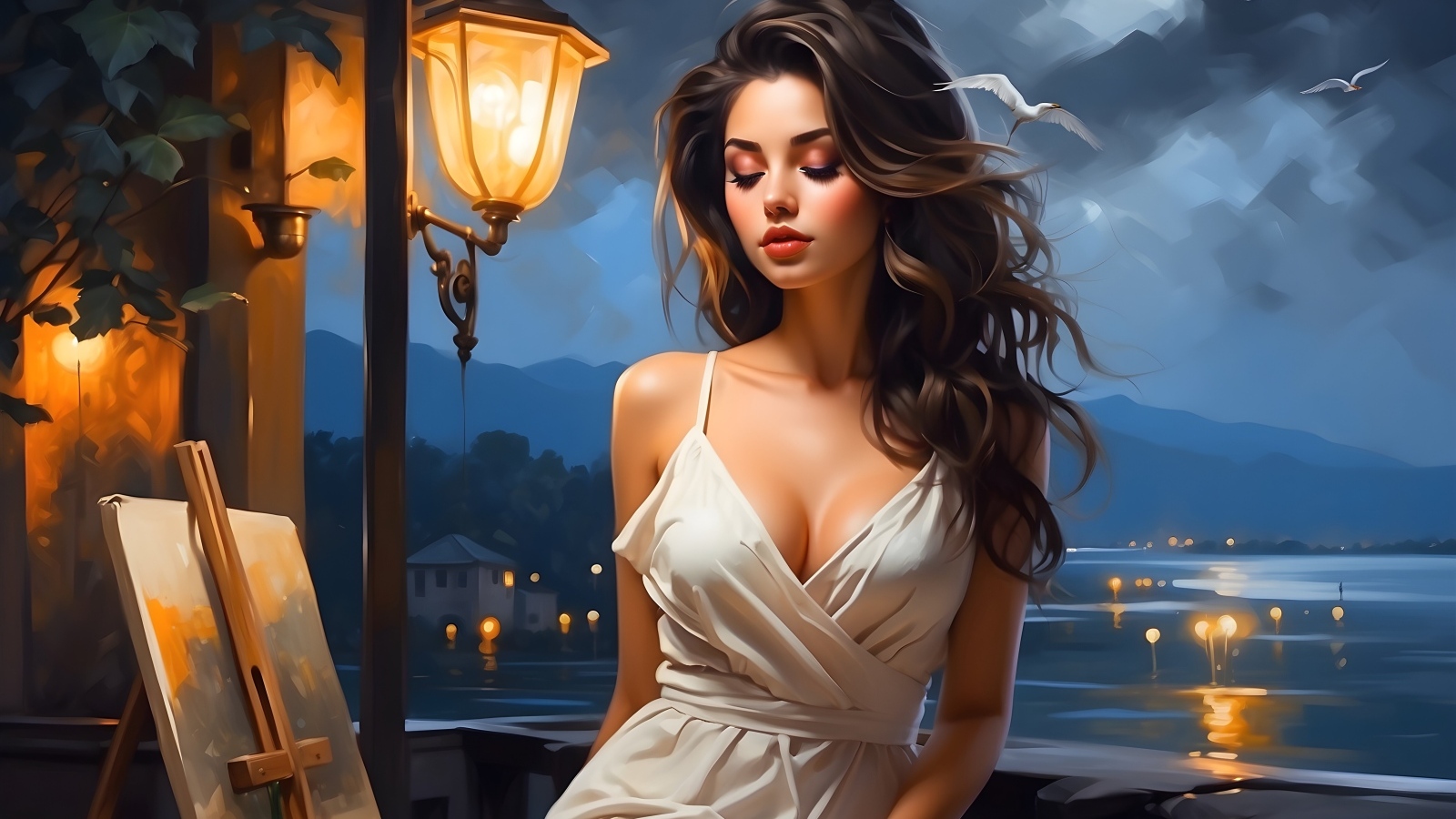 Красивая нарисованная девушка у воды