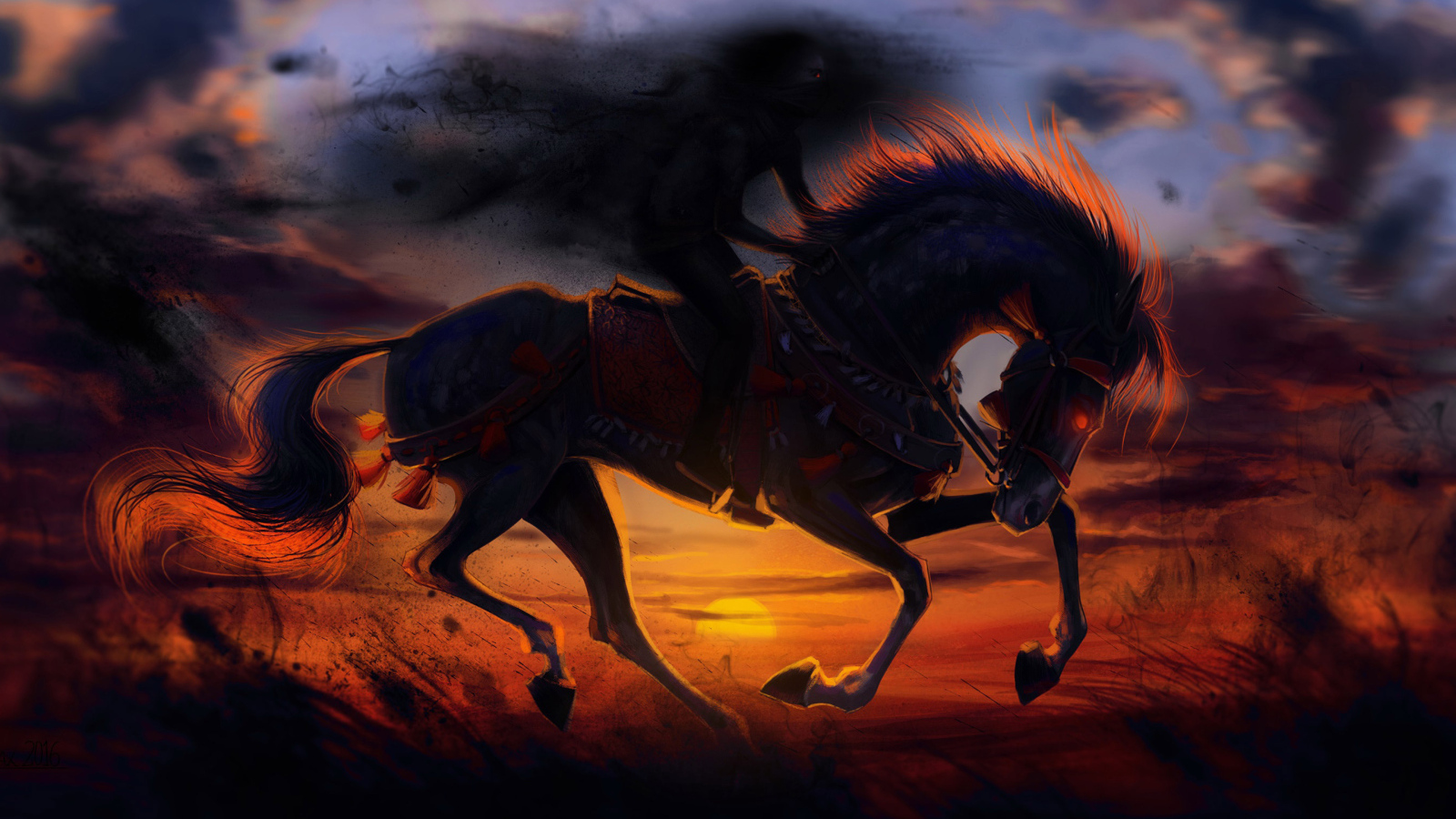 Нарисованный зловещий конь ночью 