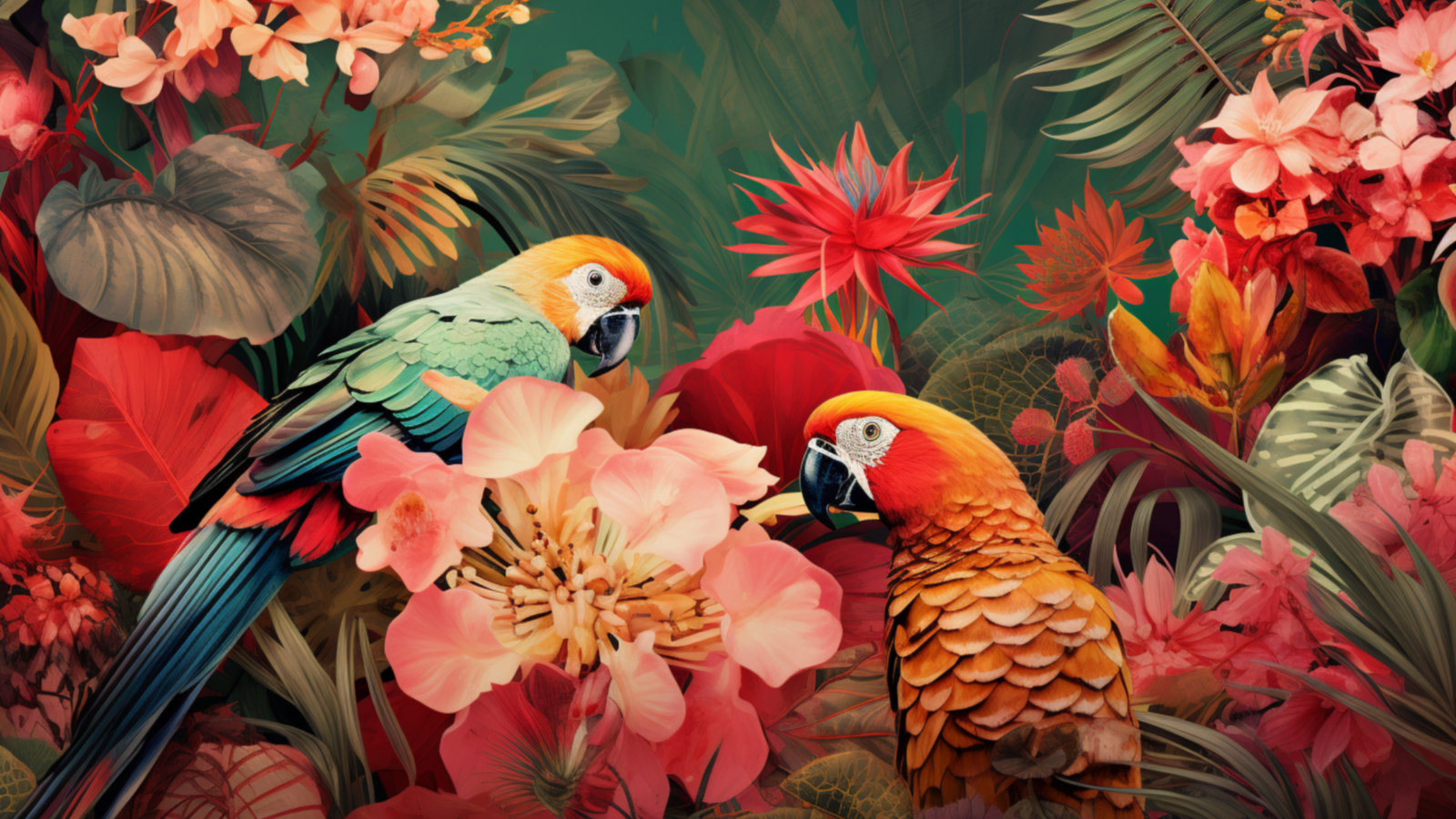 Два красивых попугая в цветах