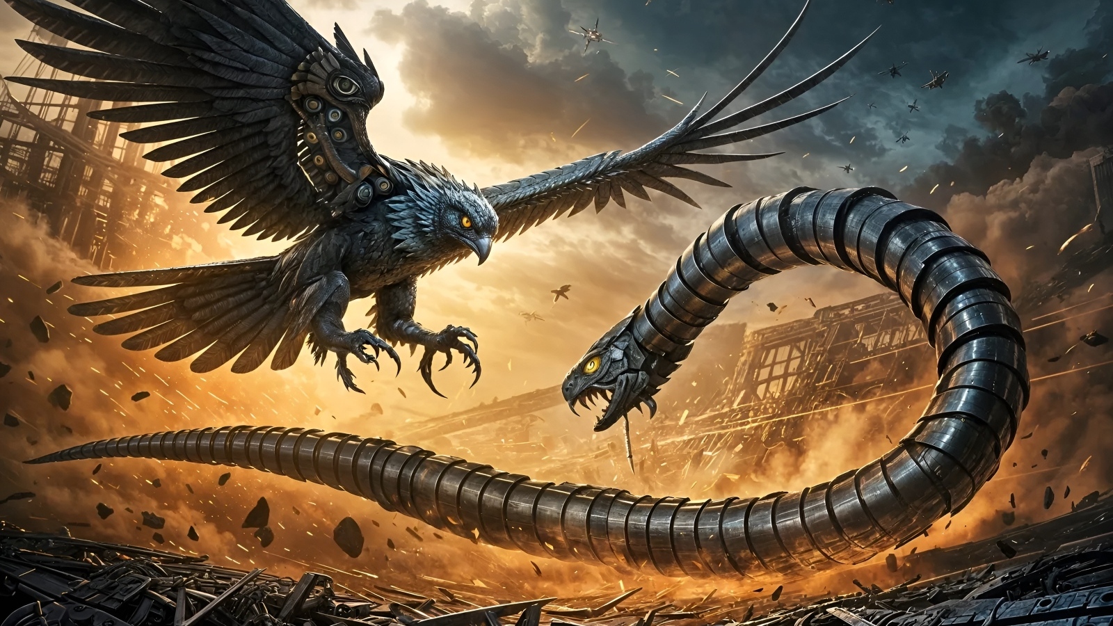 Бой в развалинах между роботом-птицей и роботом-змеей