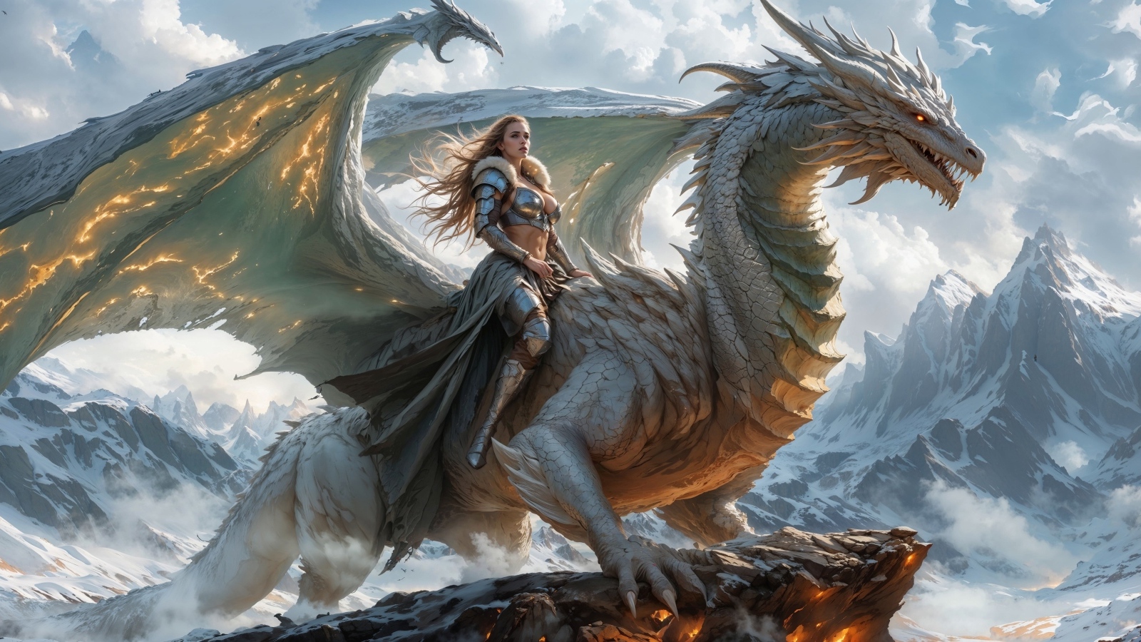 Красивая девушка воин верхом на драконе в горах