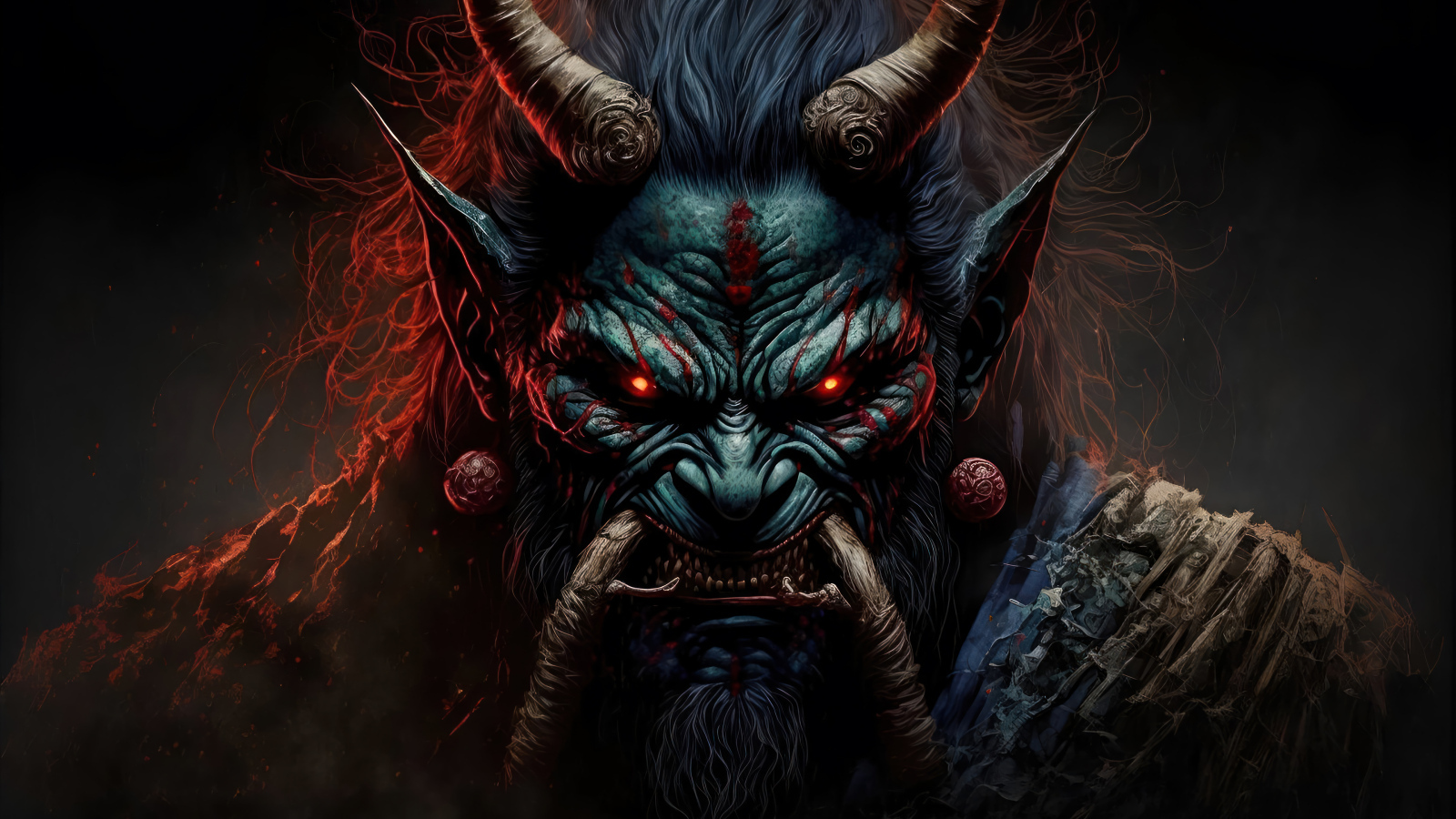 Демон с красными глазами крупным планом