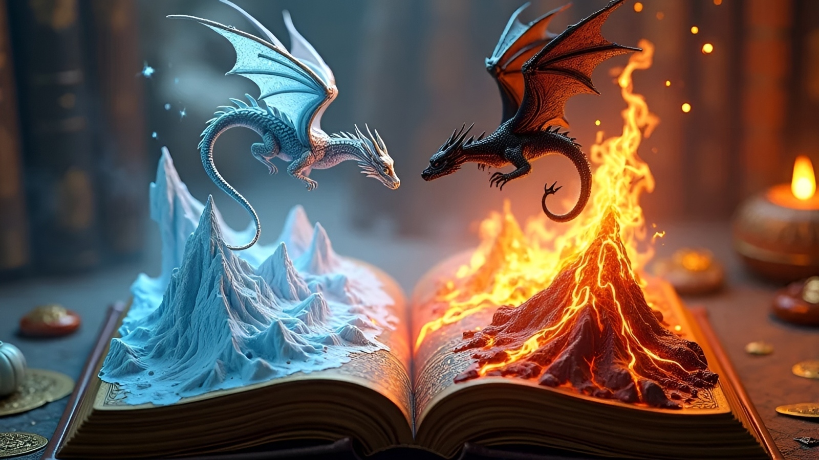 Огненный и снежный драконы парят над книгой
