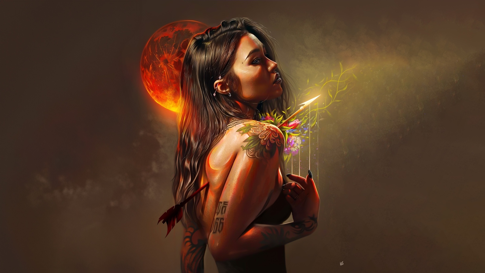 Девушка с тату, пронзена волшебной стрелой, стоит на фоне красной луны