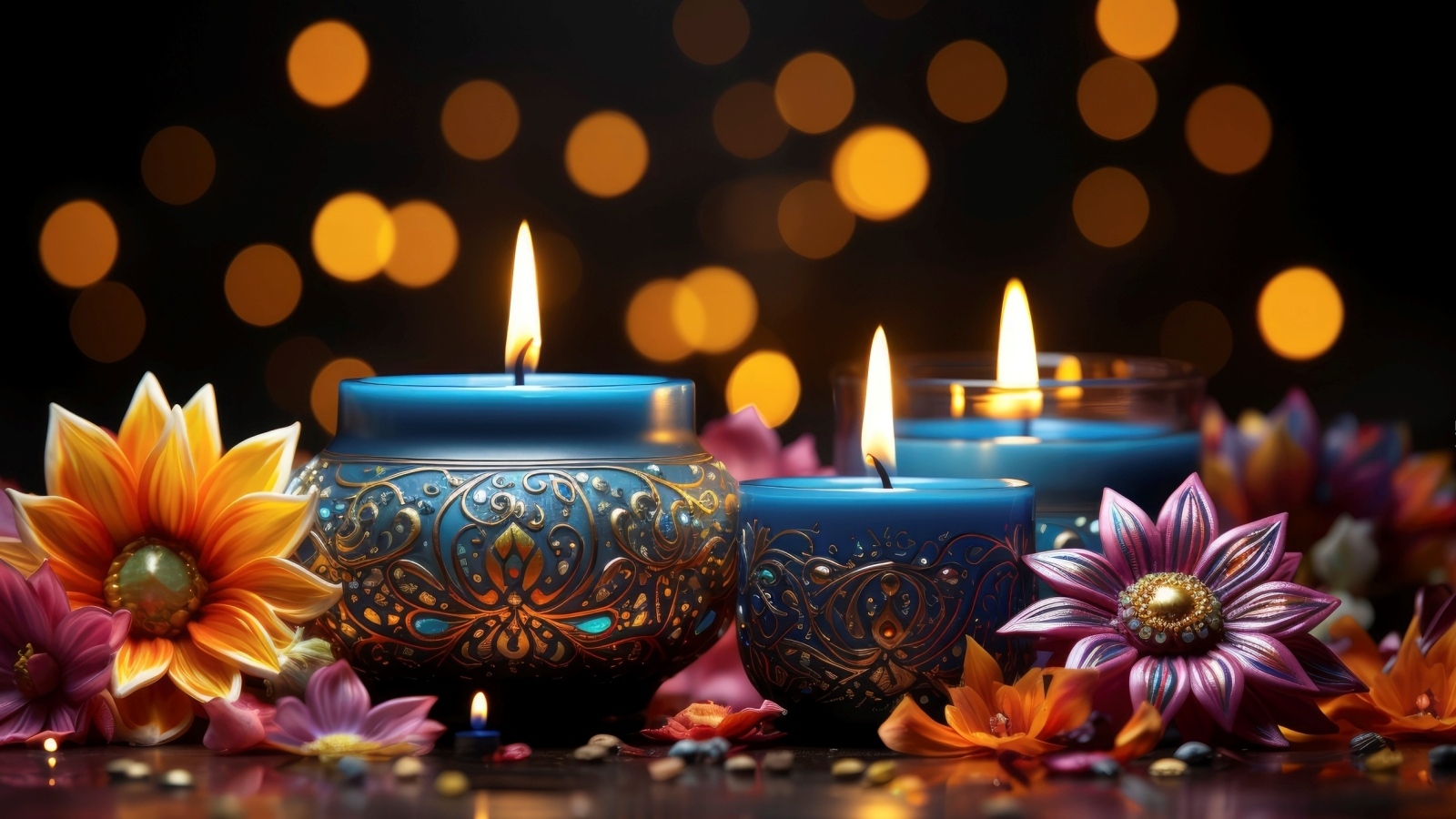 Зажженные красивые свечи с цветами на столе