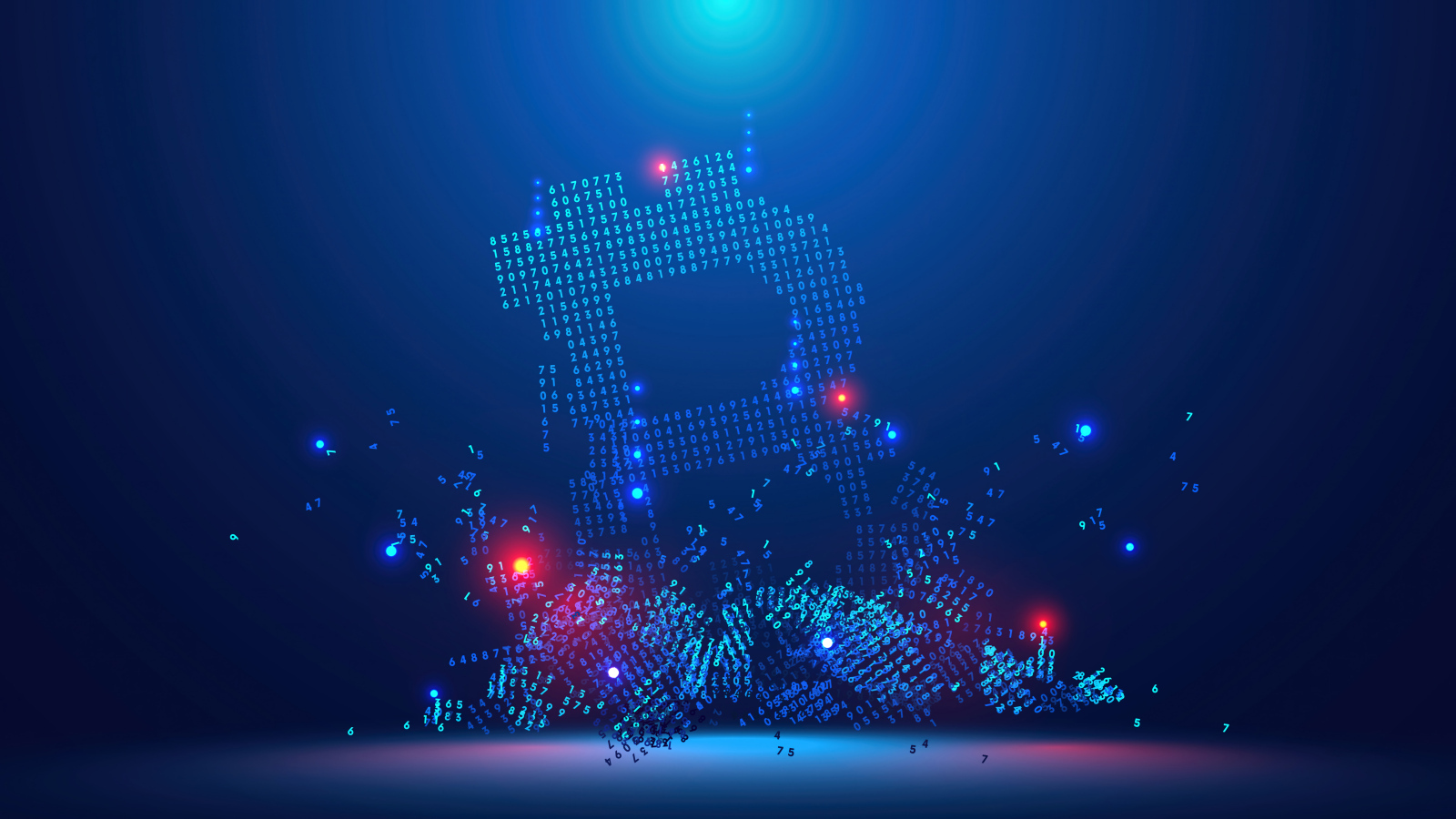 Значок биткоин разрушается на числовой код на синем фоне