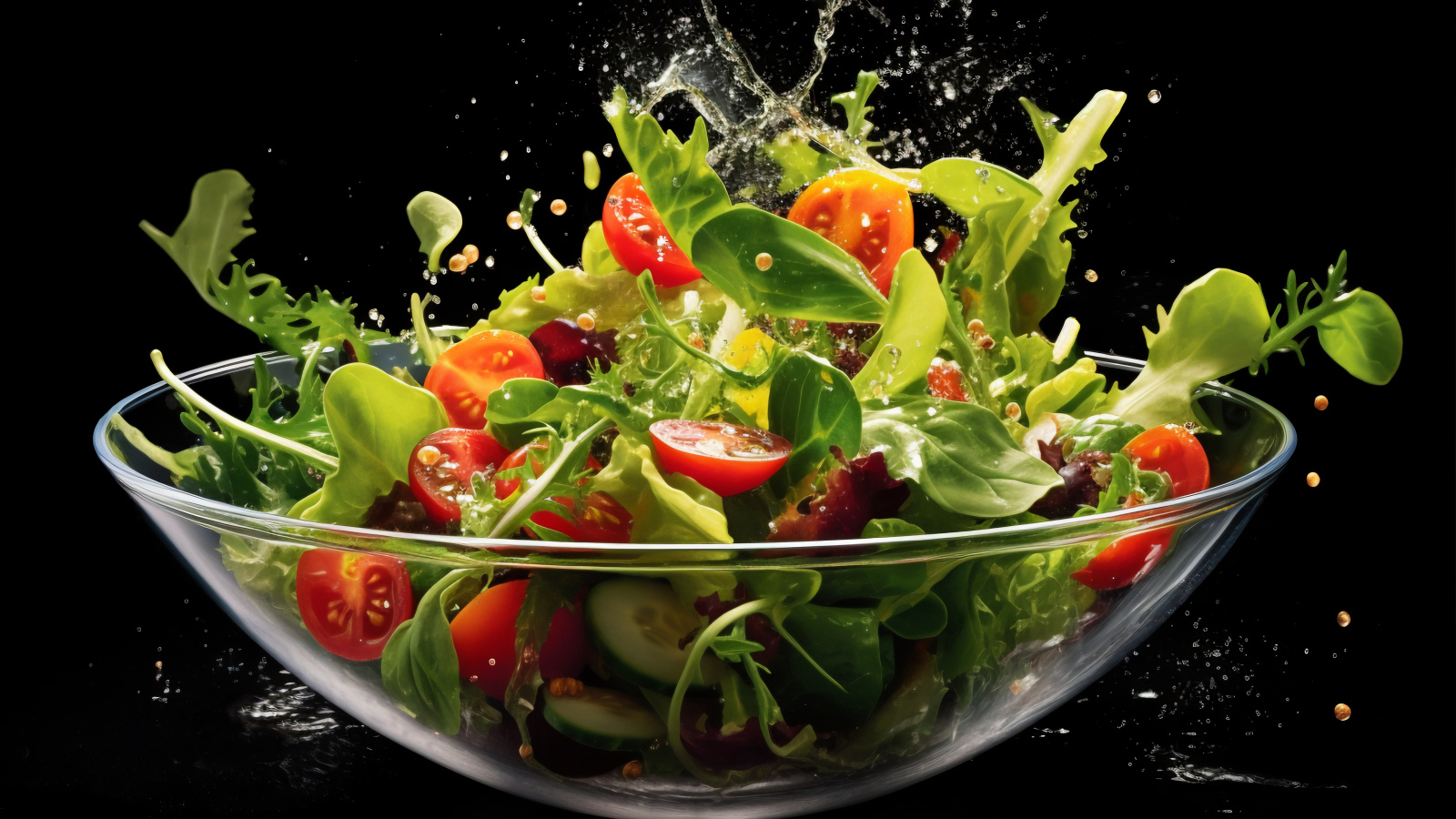 Свежий салат в стеклянной тарелке на черном фоне