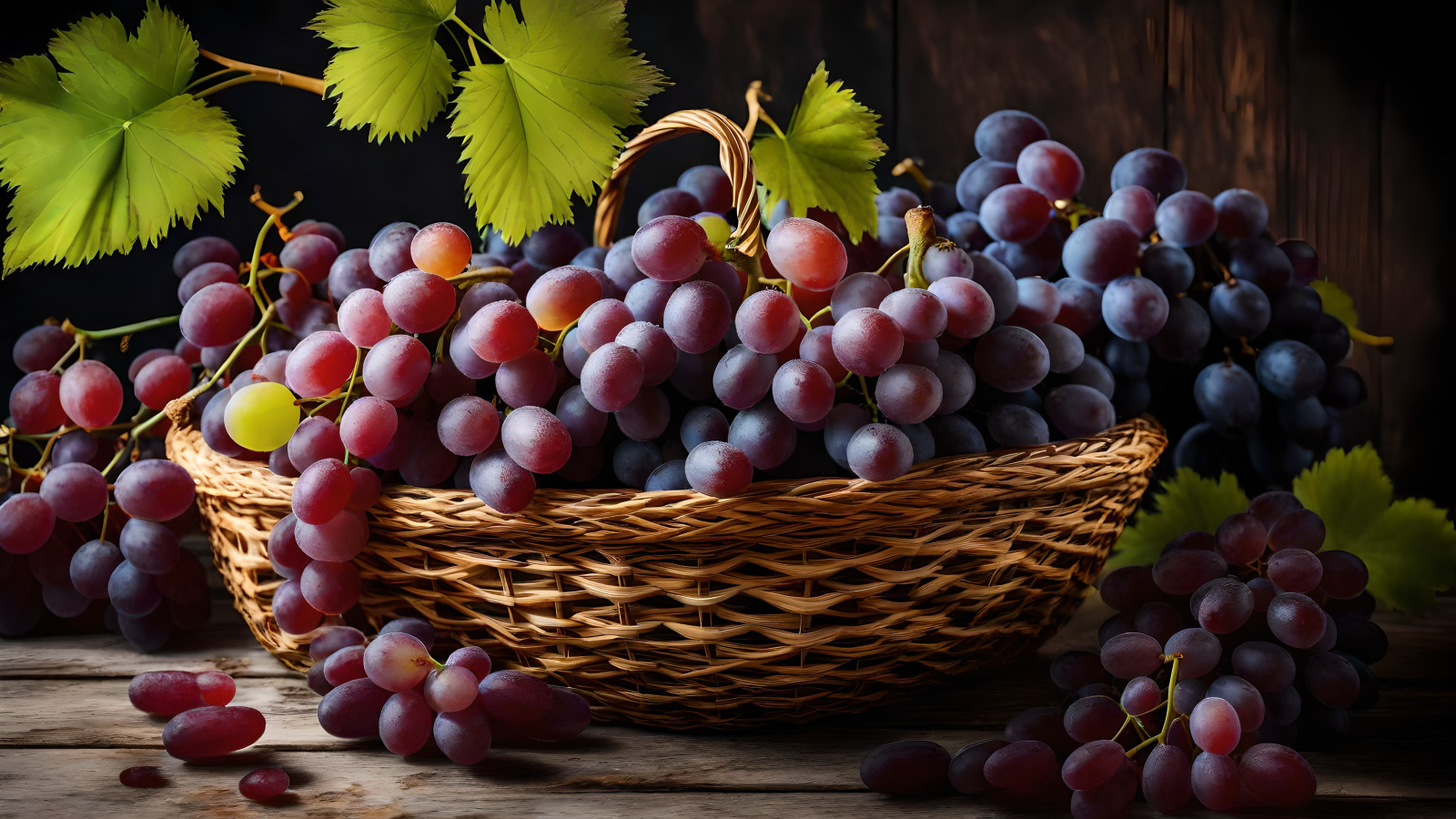 Корзина с большими гроздьями розового винограда