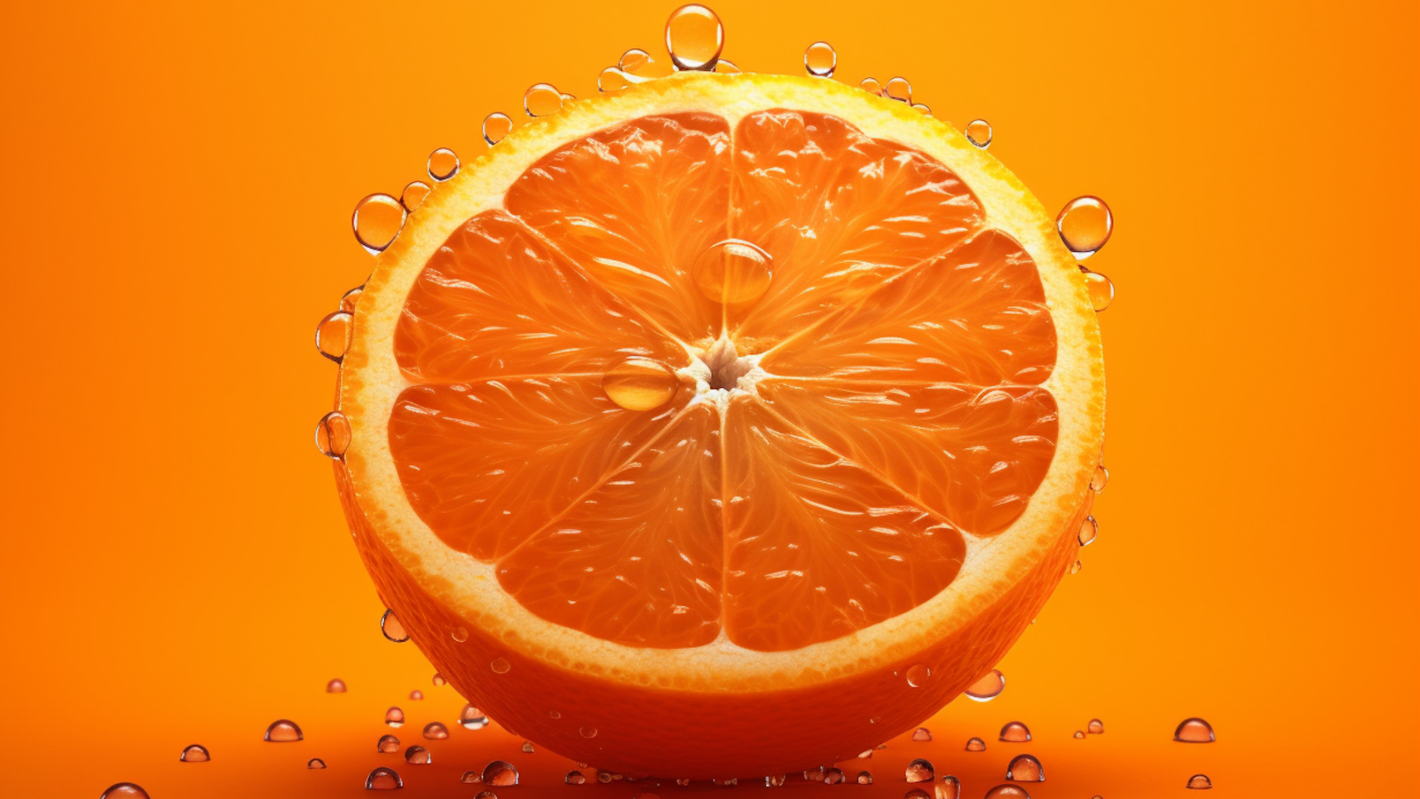 Половинка апельсина в каплях воды на оранжевом фоне