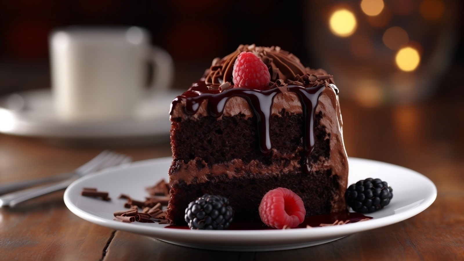 Кусок шоколадного торта с кремом и ягодами на тарелке