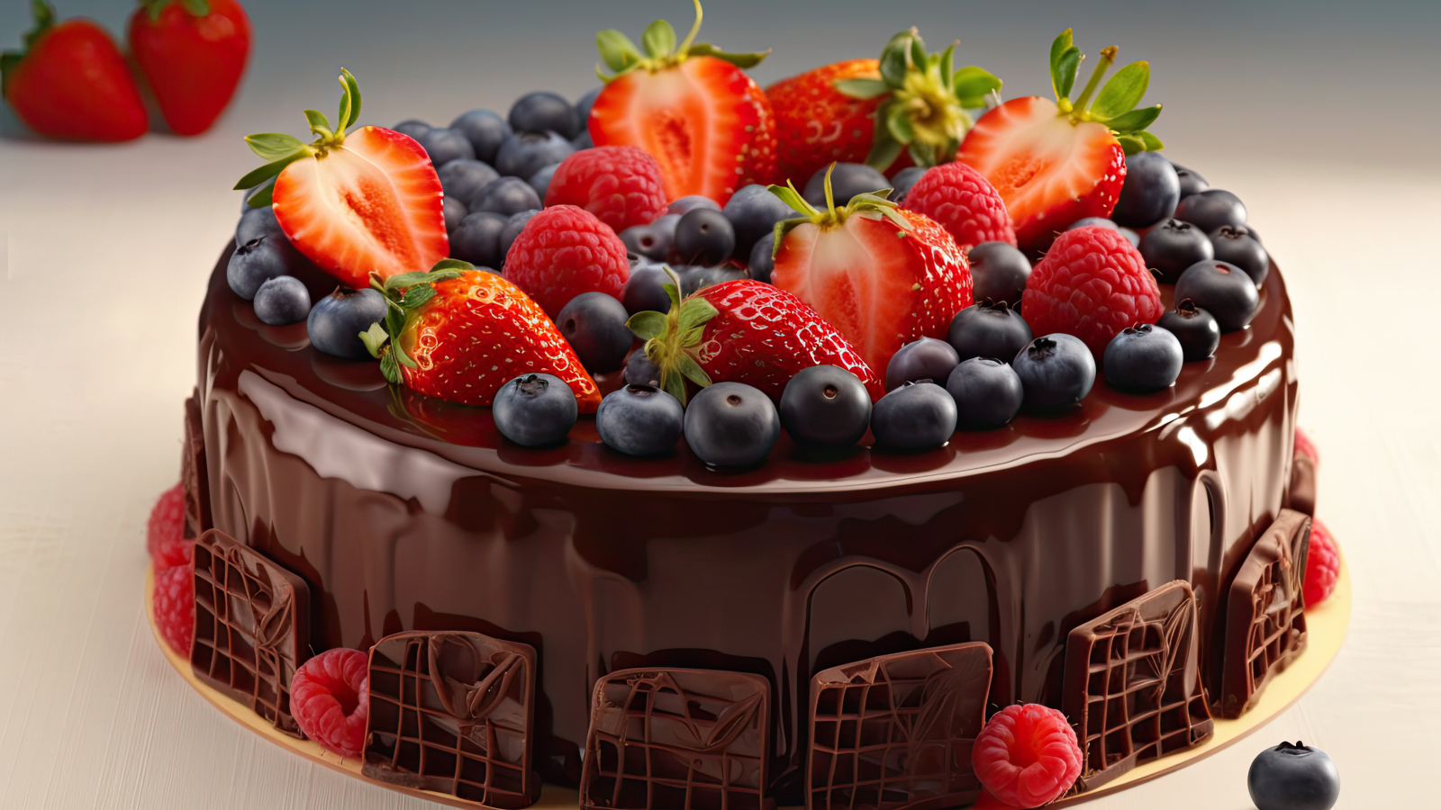 Торт в шоколаде с ягодами черники, клубники и малины