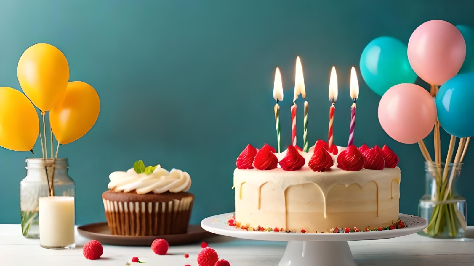 Праздничный торт на столе с шариками