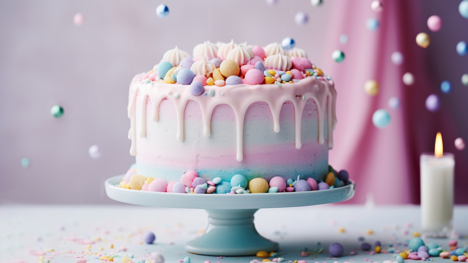 Разноцветный торт украшен конфетами