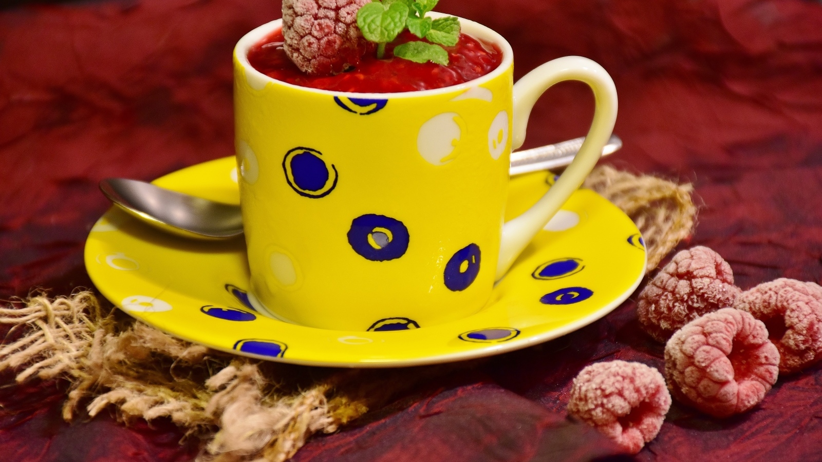 Малиновый сорбет с ягодами на столе в чашке