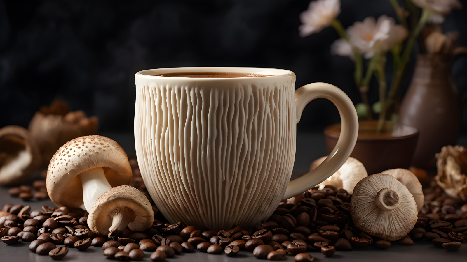 Необычная кружка на столе с грибами и кофейными зернами