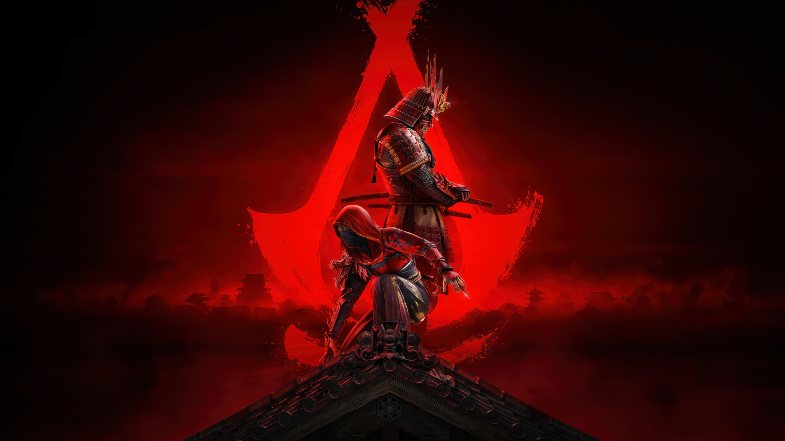 Яркий красный постер компьютерной игры Assassin’s Creed Shadows, 2024