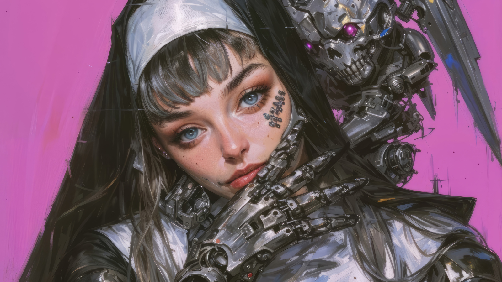 Девушка монашка киборг на розовом фоне