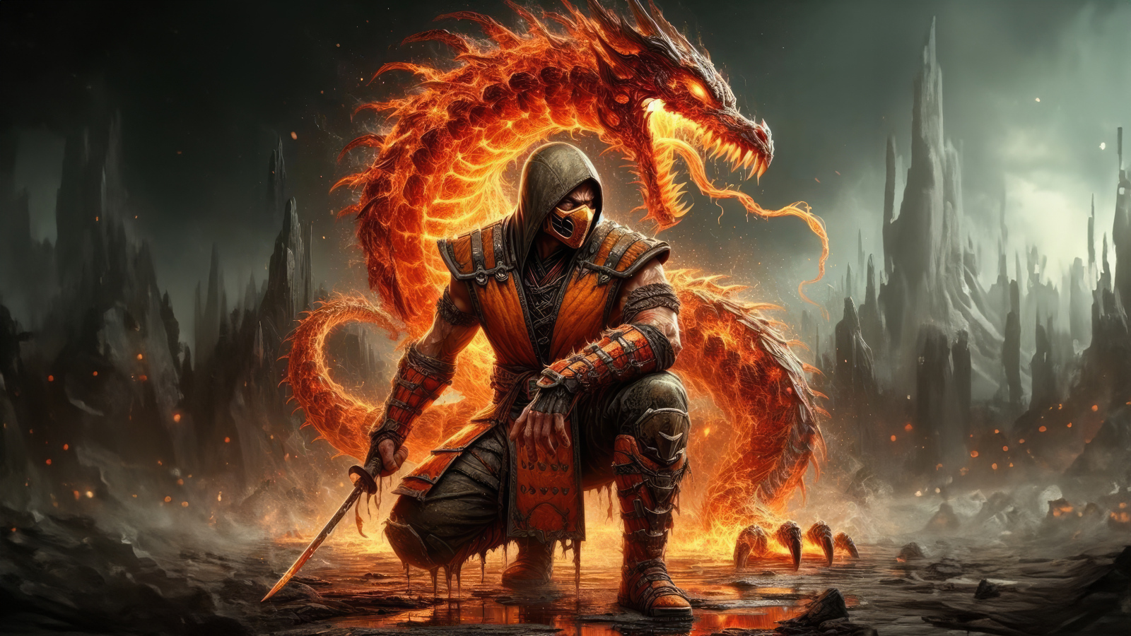 Скорпион самурай  с красным драконом