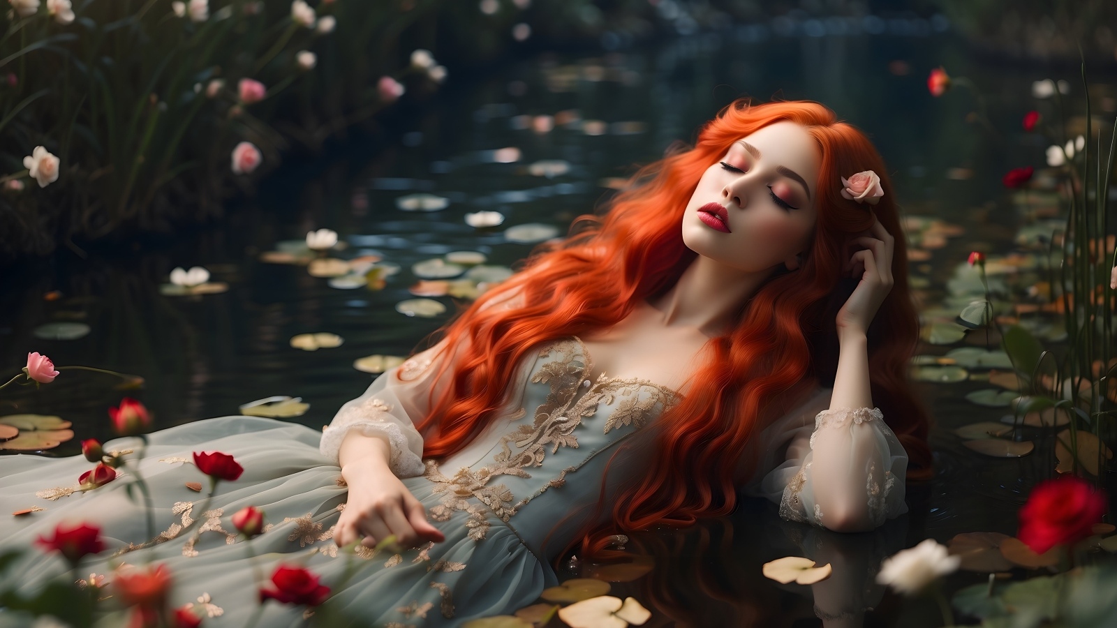 Рыжеволосая девушка в красивом платье лежит в воде