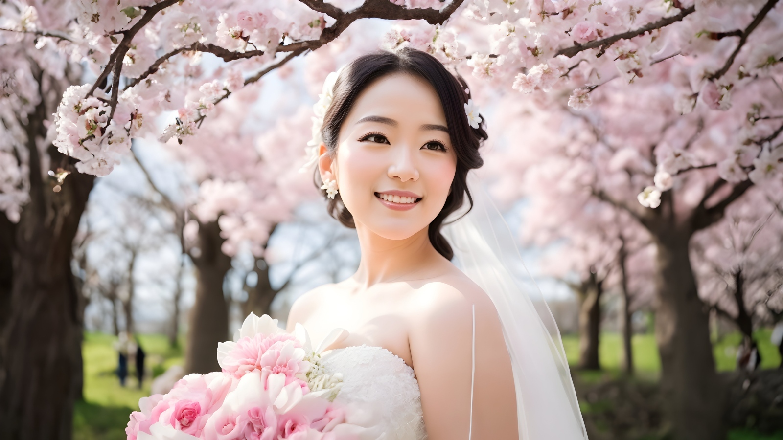 Красивая девушка азиатка в свадебном платье на фоне цветущих деревьев