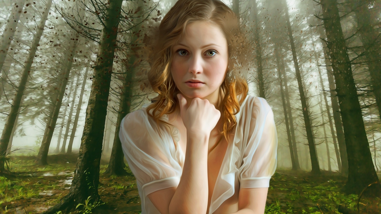 Красивая девушка на фоне нарисованного леса