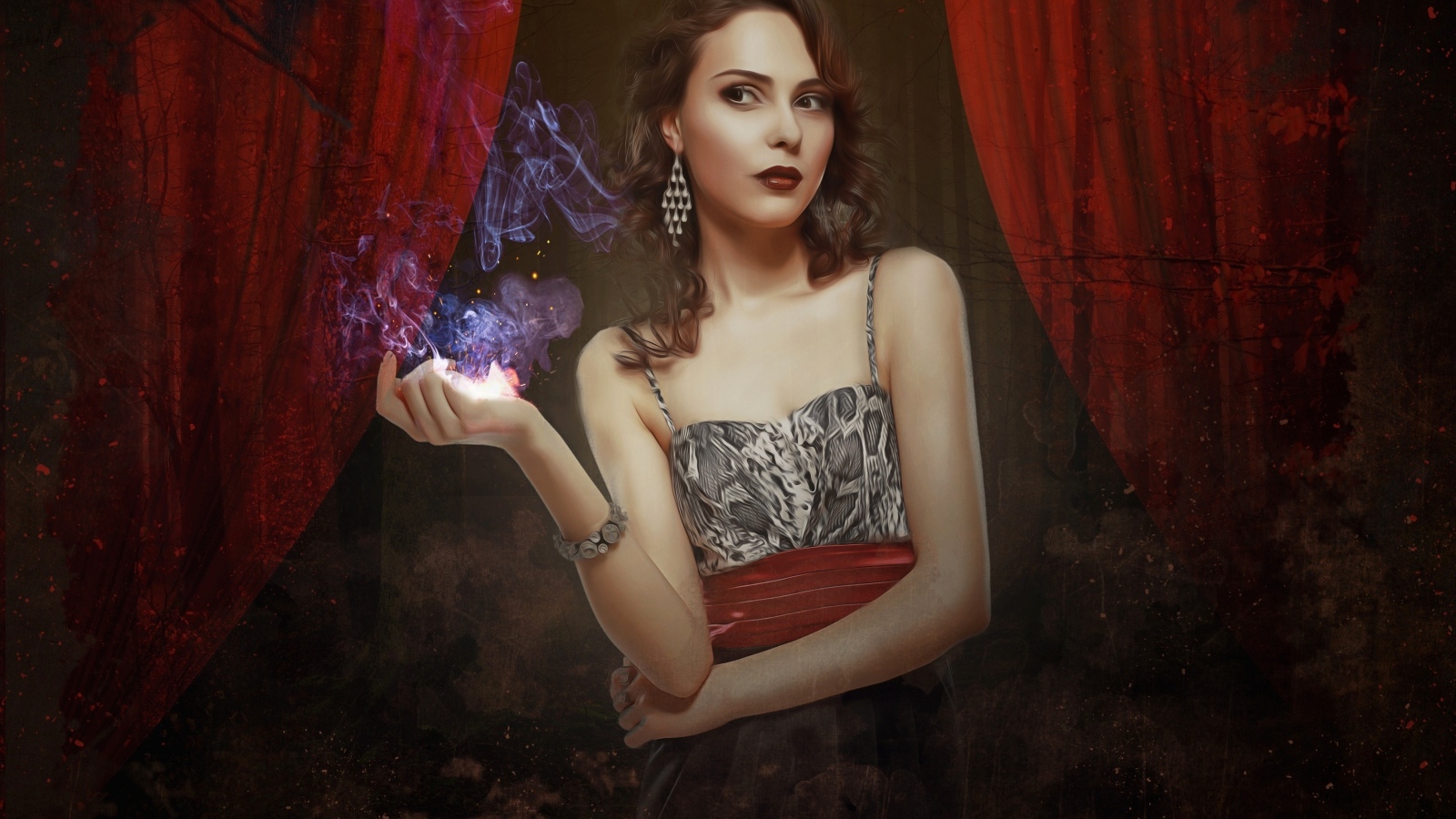 Красивая девушка на фоне красных штор