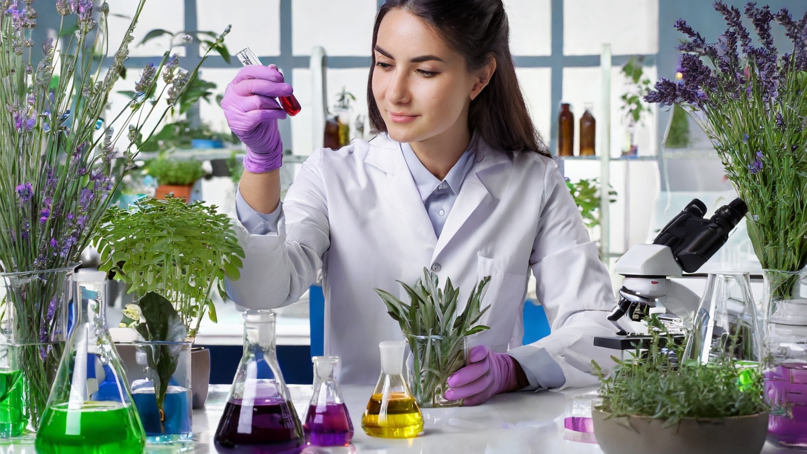 Девушка биолог в лаборатории с растениями
