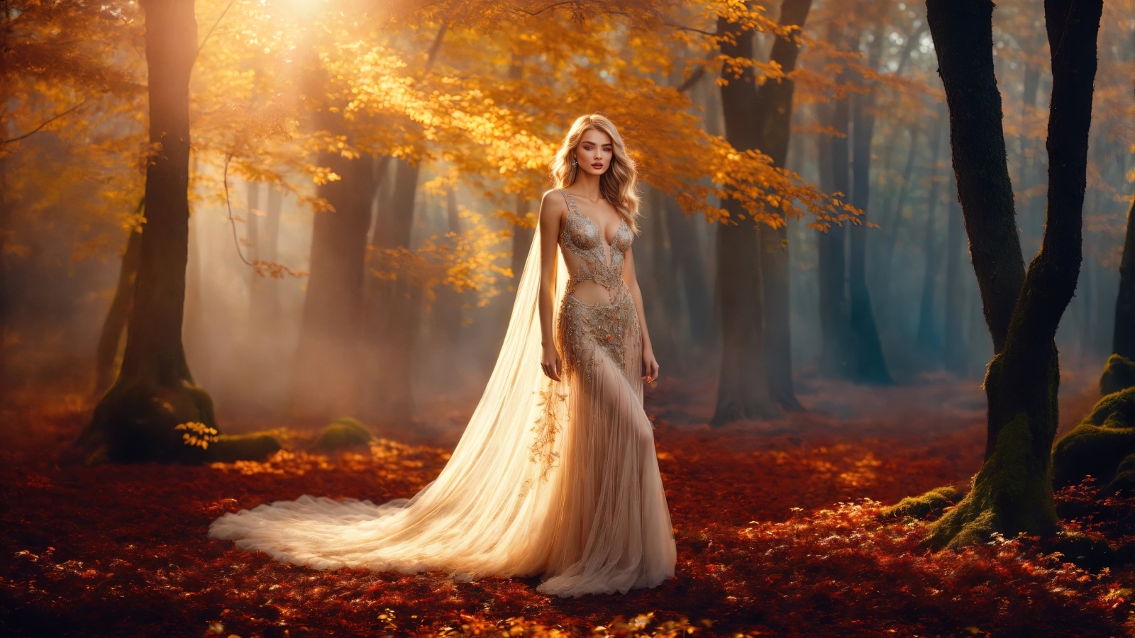 Блондинка в красивом платье в осеннем лесу