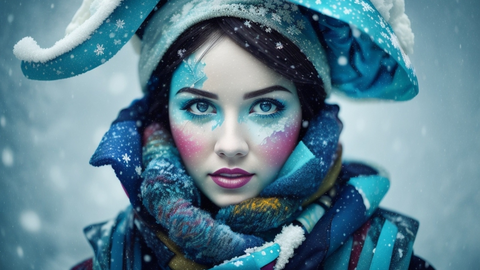 Девушка с краской на лице зимой