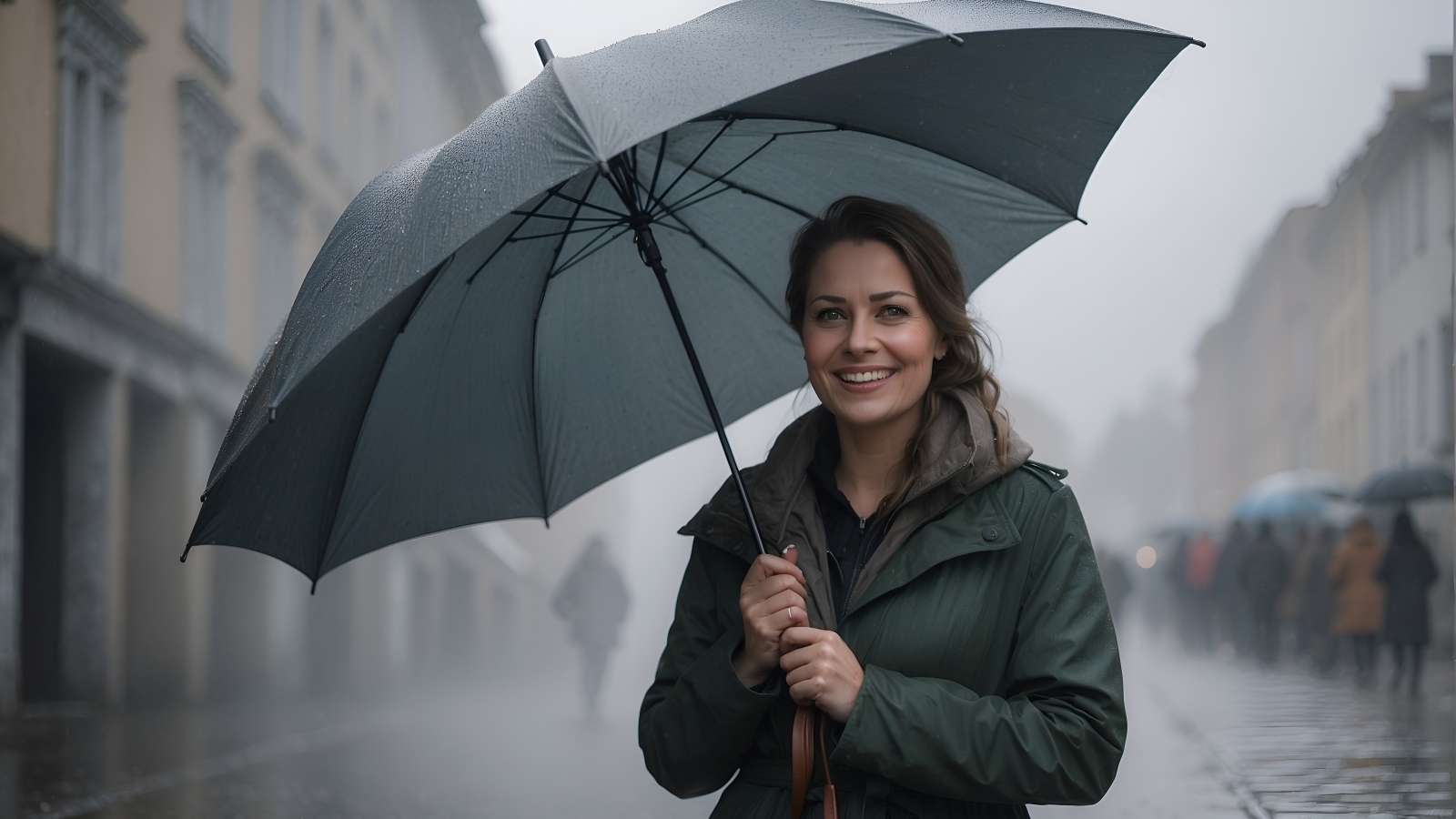 Улыбающаяся девушка под черным зонтом